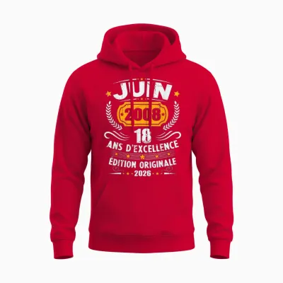 Vintage Cadeau D'anniversaire 18 Ans Née En Juin 2008 Unisex Hoodie - Red