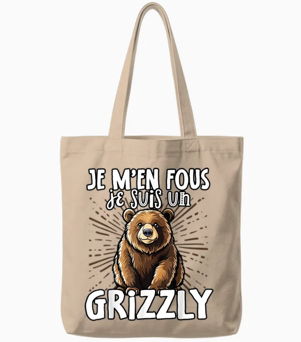 Je M'en Fous Je Suis Un Grizzly - Grizzly Cute T-Shirt, Black, S Tote Bags in Natural