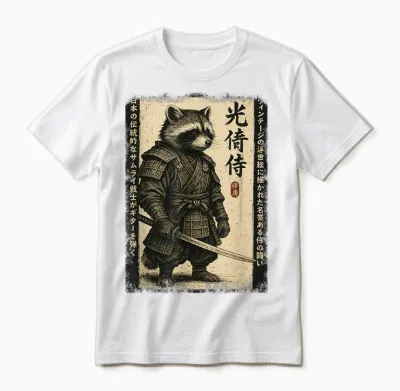 Graphique Anime Pour Homme, Samouraï Japonais Raton Laveur Unisex T-Shirt - White