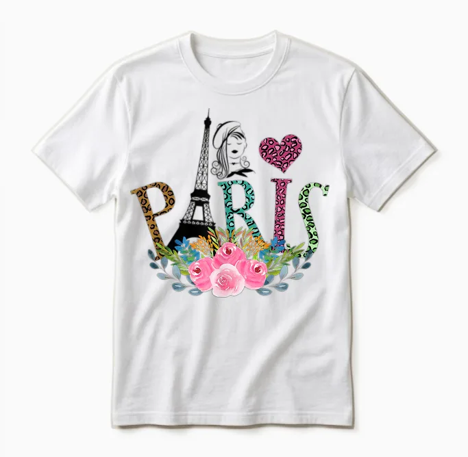 Paris Eiffelturm Baskenmütze Mädchen Leopardenmuster Unisex T-Shirt in White