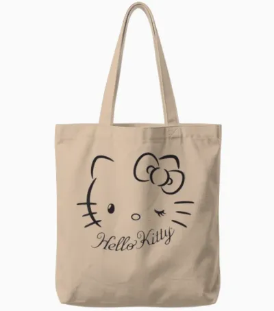 Sanrio Hello Kitty Winking Tee T-Shirt, Women's Casual Classic Cartoon Letter Print T-Shirt, Grey, Small Tote Bags - Natural