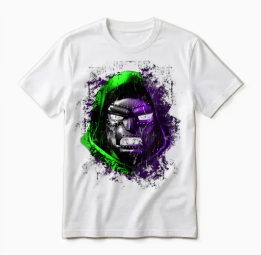 Marvel Fantastic Four Dr. Doom Mask Color Pop Distressed Unisex T-Shirt in White