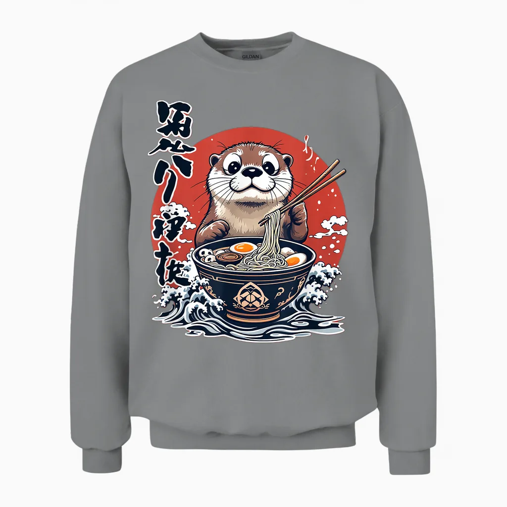 Kawaii Ramen Otter Cat Japan Y2k Manga Anime Unisex Sweatshirt in Sport Grey