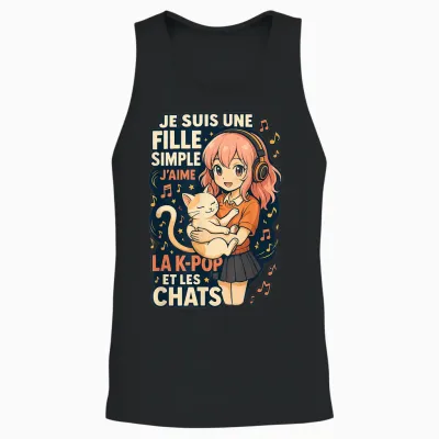Girl K-Pop and Cats Manga Humor Music Cute T-Shirt, Black, S Unisex Tank Top - Black