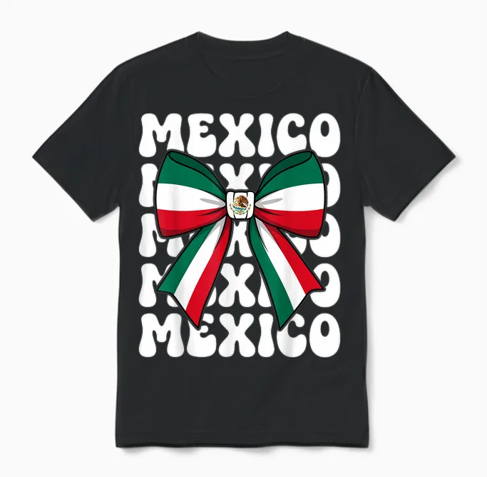 Mexico Coquette Bow Mexico Flag Cute Retro Mexican Girl Unisex T-Shirt in Black