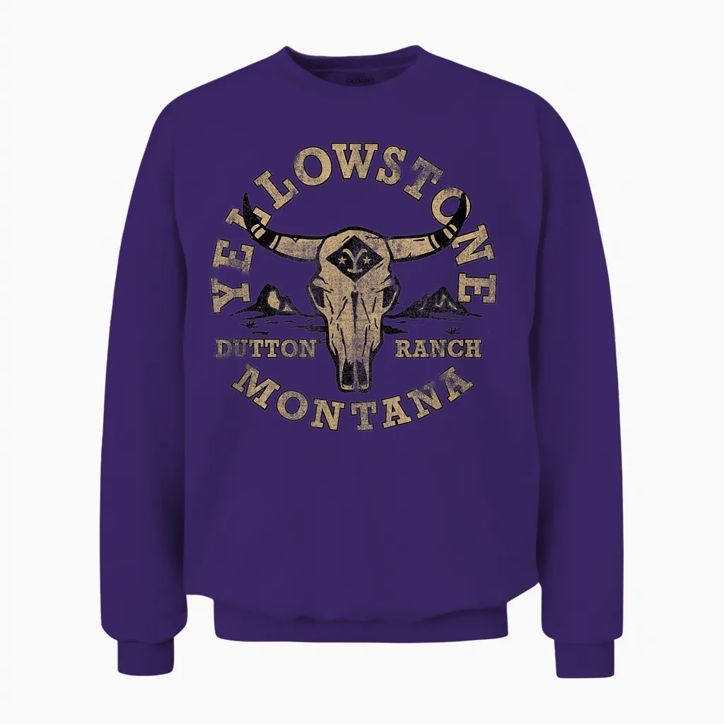 Yellowstone Dutton Ranch Bull Skull Logo V2 T-Shirt, Gray Unisex Sweatshirt in Purple