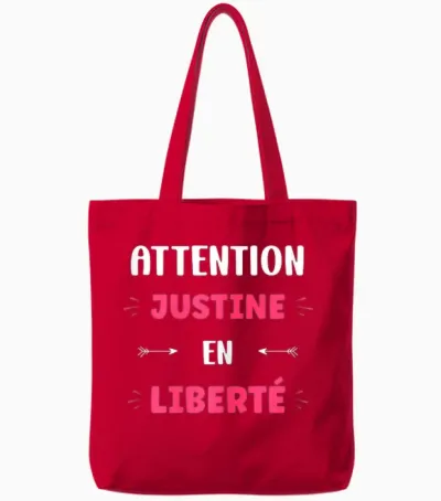 Attention Justine in Freedom Name Quote Funny Justine T-Shirt, Black, Female X-Small Tote Bags - Red