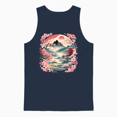 Vintage Japanese Cherry Blossom Flower Landscape Mountain Unisex Tank Top - Navy