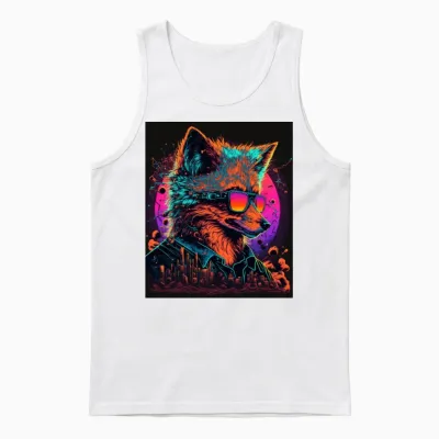 Retro Futuristic Synthwave Fox Unisex Tank Top - White