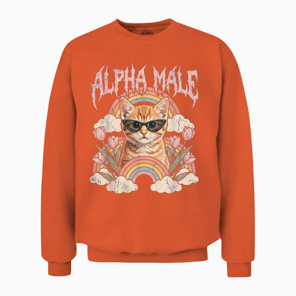 Alpha Mâle T-Shirt Chaton Drôle Chat Arc-En-Ciel Fleurs Unisex Sweatshirt in Orange