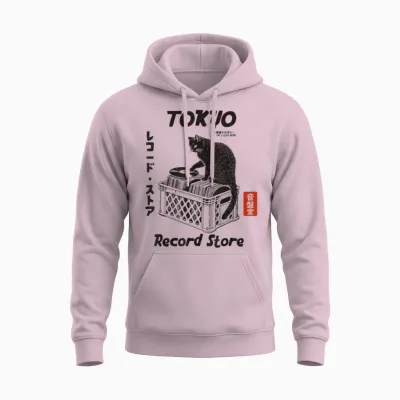 Tokyo Record Store Cat, Musique Vinyle Japonaise Anime Unisex Hoodie - Light Pink