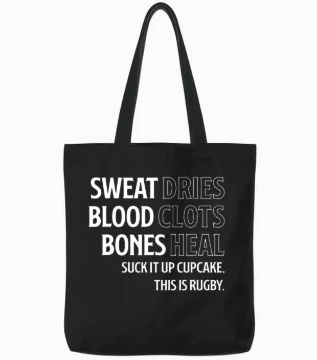 Funny Rugby Sports Lover Gift Sweat Blood Bones Tote Bags in Black