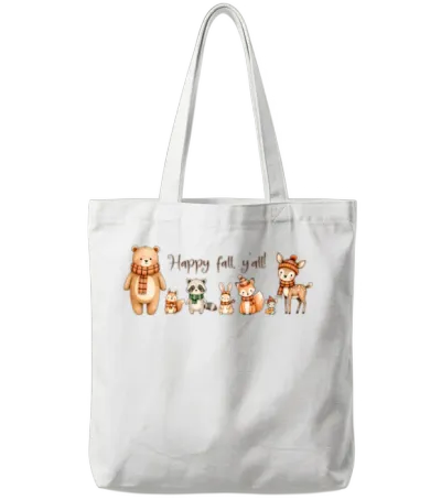 Cute Woodland Animals Happy Fall Y'all Tote Bags - White