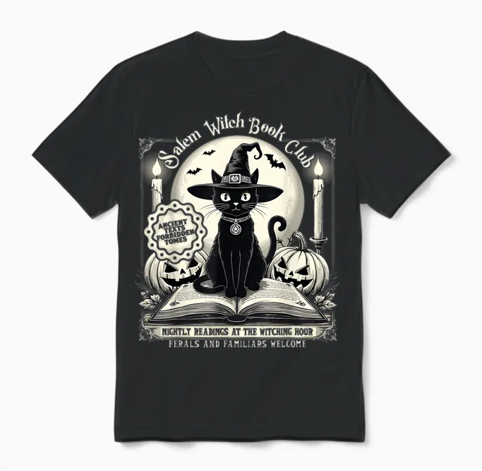 Salem Witch Book Club Vintage Halloween Cat Noir Book Lover Unisex T-Shirt in Black