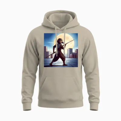 Design of a Ninja Boy in a City Unisex Hoodie - Sand