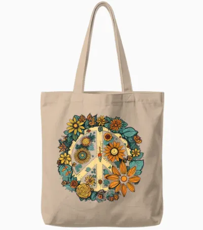 Hippie Daisy Peace Sign Retro Flower Sunflower Tote Bags - Natural