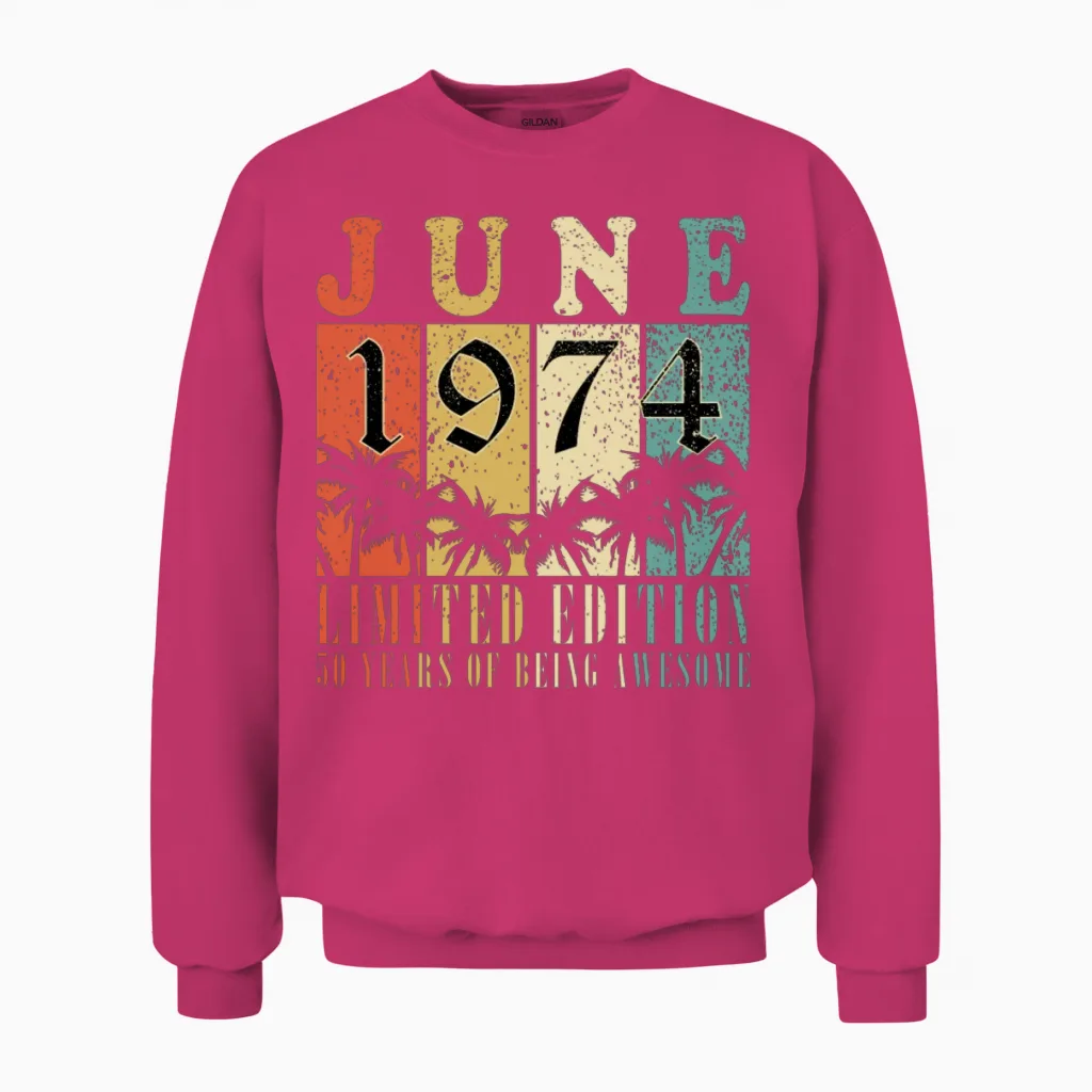 June 1974 Vintage Birthday Present Unisex Sweatshirt in Heliconia
