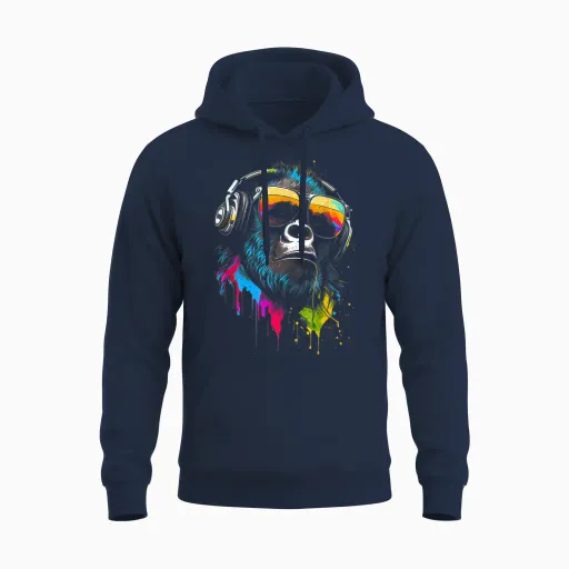 Monkey Dj with Headphones and Sunglasses Gorilla Musik T-Shirt, Black, S Unisex Hoodie - Navy