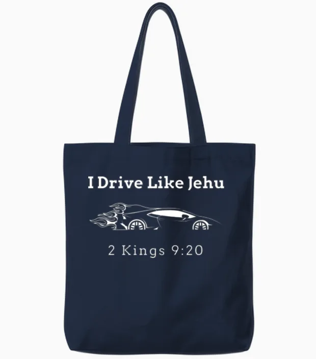 Drive Like Jehu Funny Christian Bible Character Tote Bags in Navy