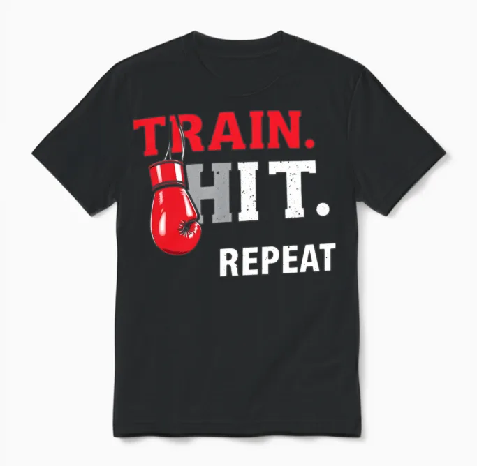 Train Hit Repeat Boxing Motif Unisex T-Shirt in Black