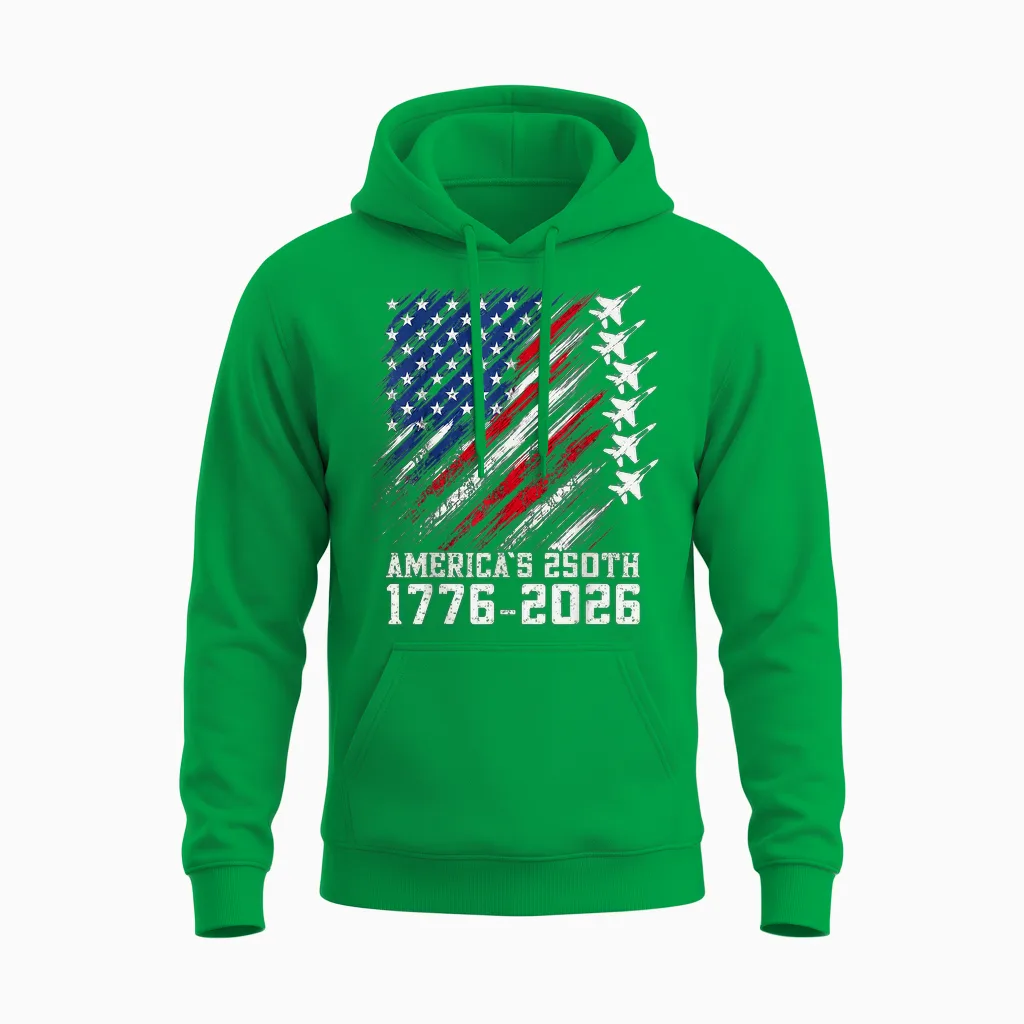 250 Year American Anniversary Fighter Jets 4th of July Boys Unisex Hoodie in Irish Green