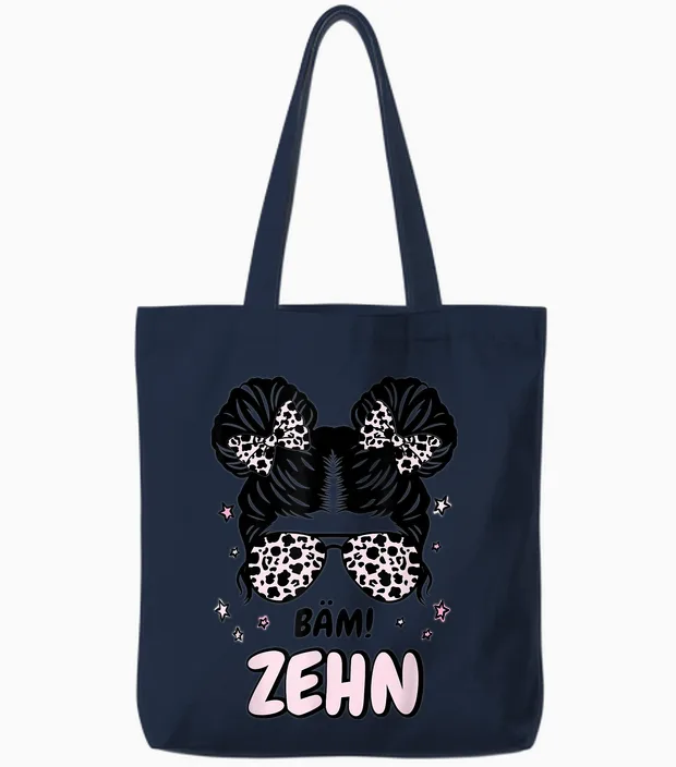 Kids 10th Birthday Girl Messy Bun Bäm! Ten T-Shirt, Black, S Tote Bags in Navy