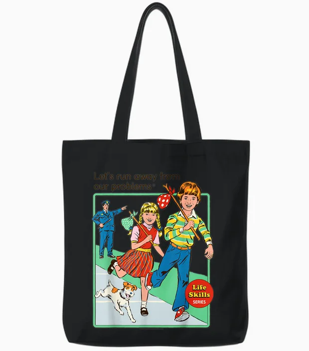 Run Away from Our Problems Sarcastic Retro Funny Adult Humor Tote Bags in Black