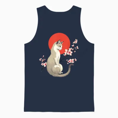 Japanese Aesthetic Cat with Cherry Blossoms Sakura T-Shirt, Blue, S Unisex Tank Top - Navy