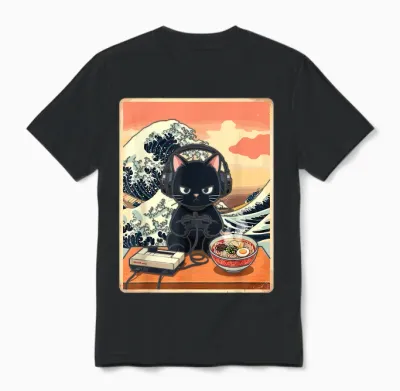 Retro Gamer Cat with Ramen Great Wave for Anime Fans Unisex T-Shirt - Black