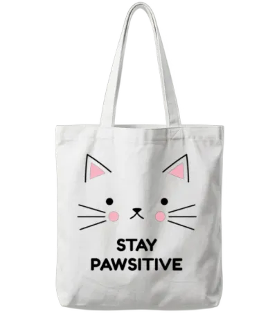Stay Pawsitive Positive Message Cat Tote Bags - White