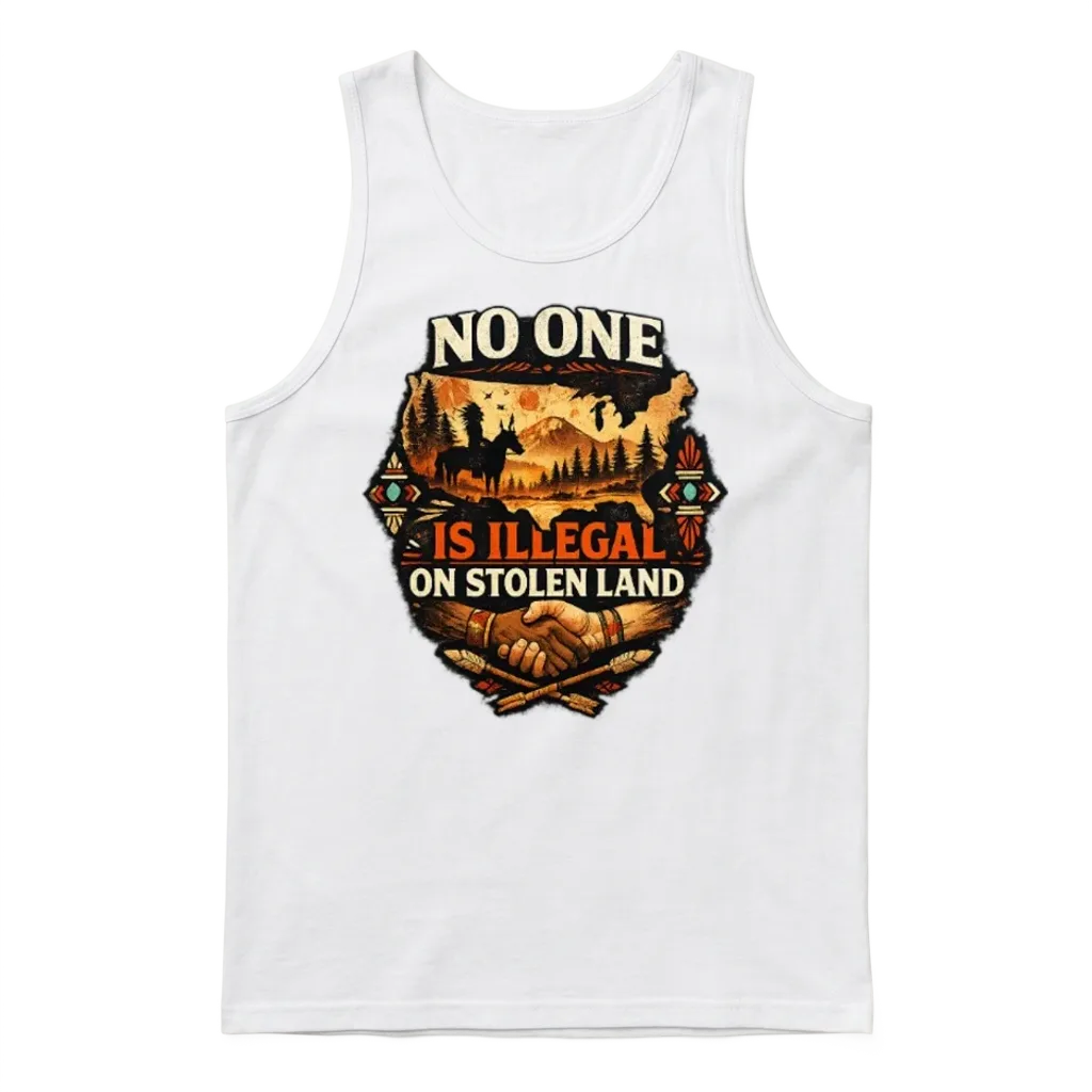 No One Is Illegal on Stolen Land Indigenous Rights Unisex Tank Top - White