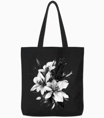 Botanical Art Flower Detailed T-Shirt, White, S Tote Bags - Black