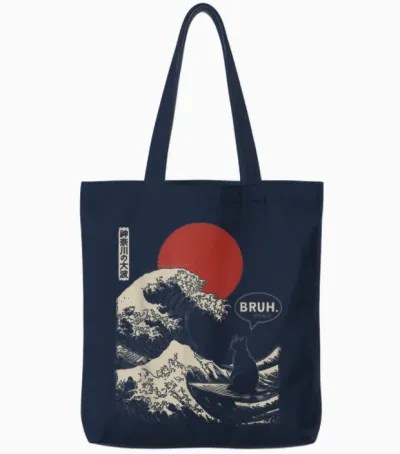 Bruh. the Great Wave Kanagawa Funny Japanese Surfing Cat Tote Bags - Navy