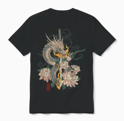 Japanese Dragon Katana Samurai Aesthetic Mythical Art T-Shirt, Black, S Unisex T-Shirt - Black