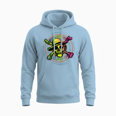 Straw Hat One Piece Anime Pirates Color Logo Kanji T-Shirt, Black, S Unisex Hoodie - Light Blue