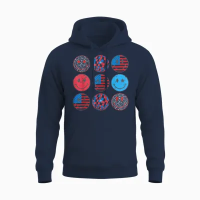 Happy 4th of July Groovy Smile Face Red White Blue Usa Flag T-Shirt for Women Kids Men Unisex Hoodie - Navy