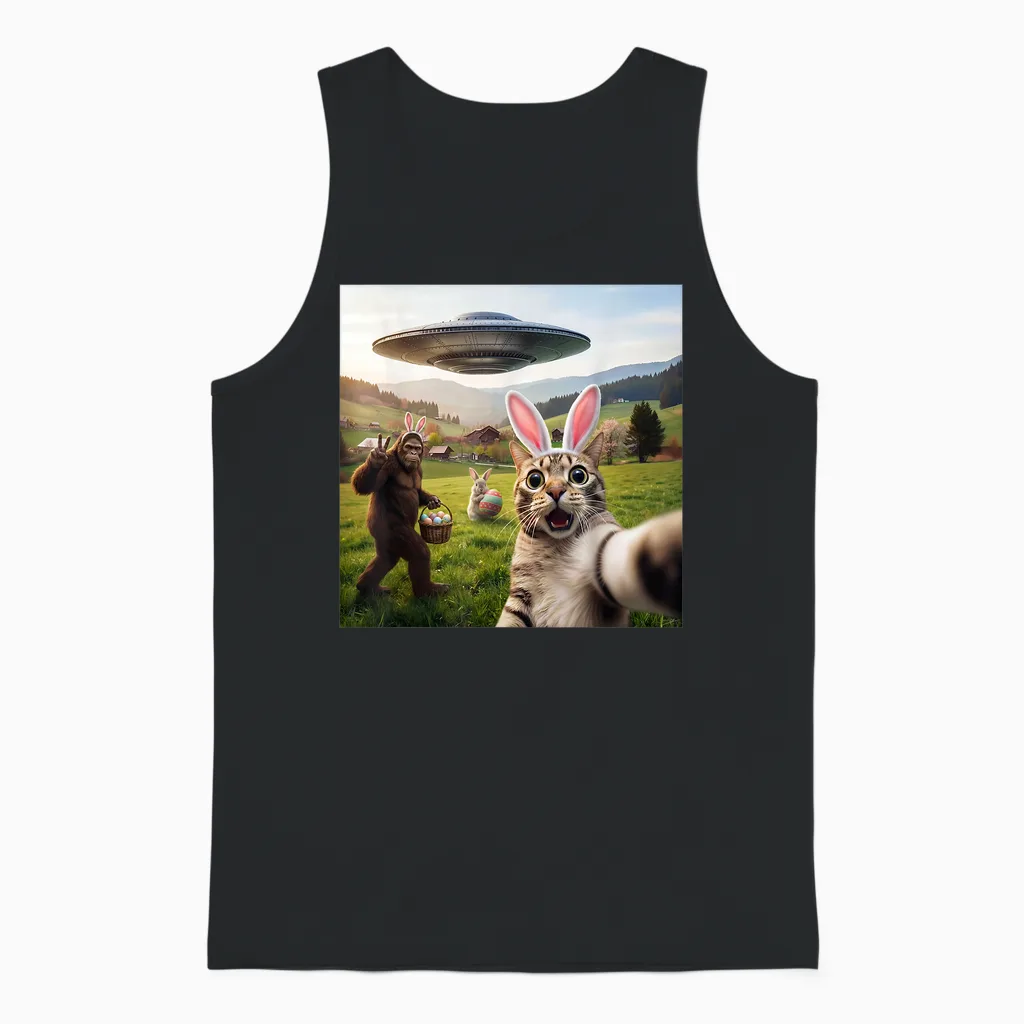Lustiges Katzen-Selfie Mit Osterhase Bigfoot Ufo Für Männer Frauen Unisex Tank Top in Black