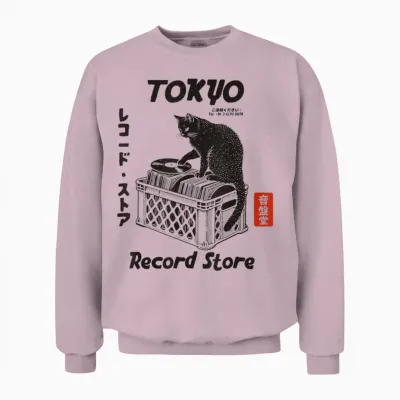 Tokyo Record Store Cat, Musique Vinyle Japonaise Anime Unisex Sweatshirt - Light Pink