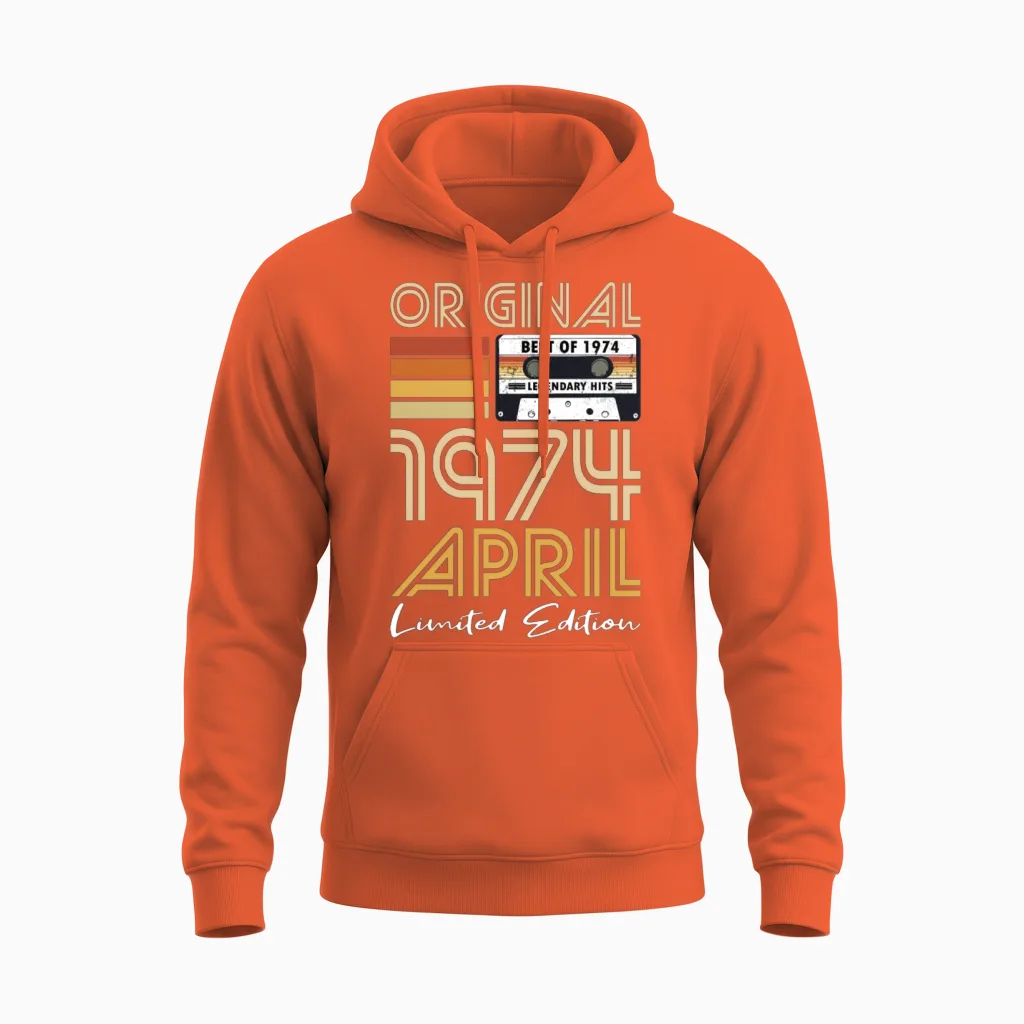 50th Birthday Vintage April 1974 Original 1974 Unisex Hoodie in Orange