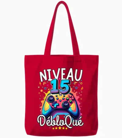 15 Years Funny Teen Boy Geek Birthday 15 Years Gamer Tee T-Shirt, Black, S Tote Bags - Red