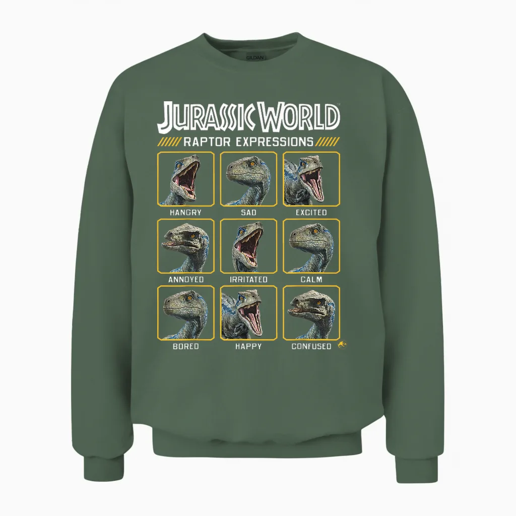 Jurassic World Two Blue Raptor Expressions Graphic Short Sleeve Unisex Sweatshirt in Military Green