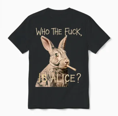 Who the F Ck Is Alice? Funny Rabbit Humour Graphic Unisex T-Shirt - Black