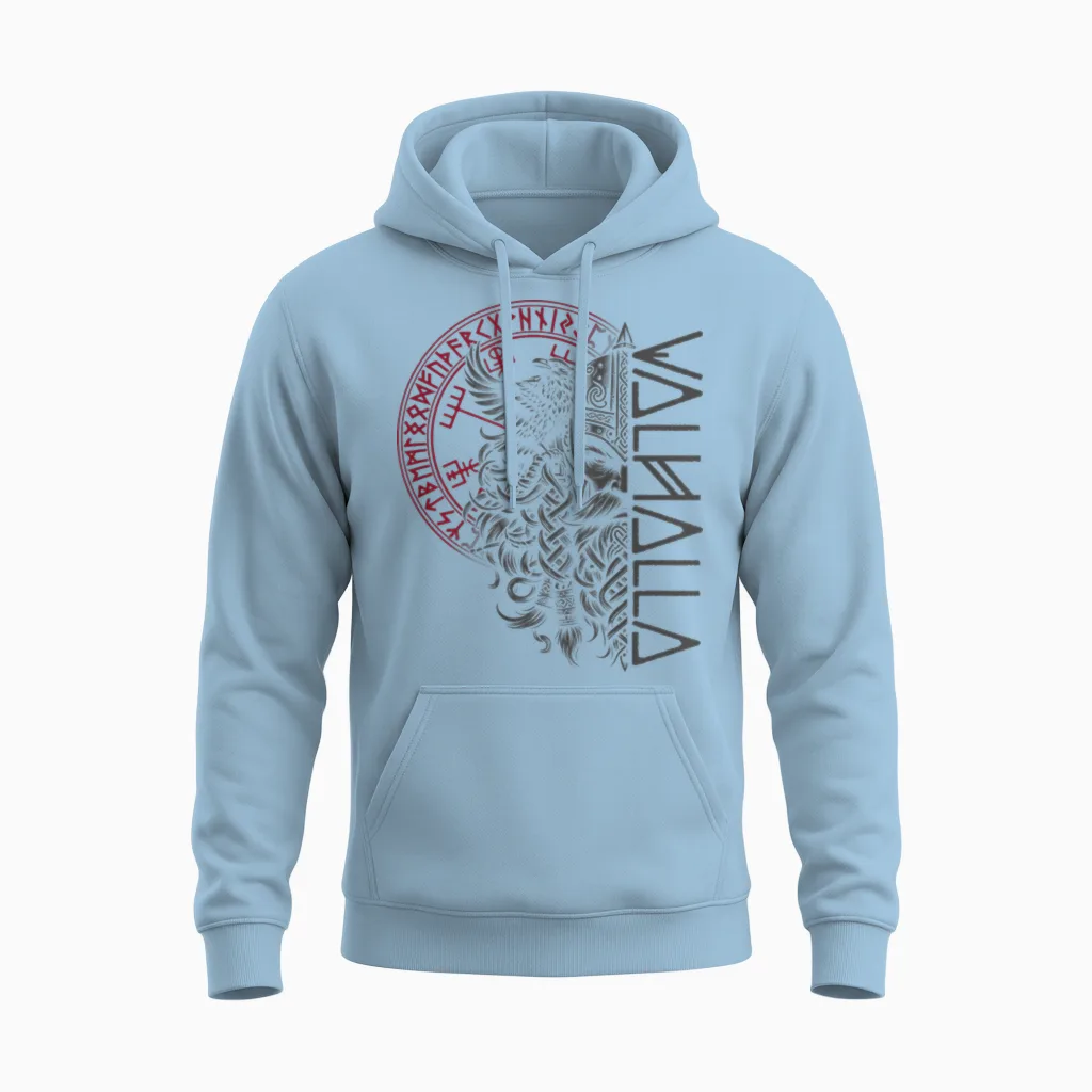 Walhalla Odin with Ravens Runes Nordic Compass Viking Unisex Hoodie in Light Blue