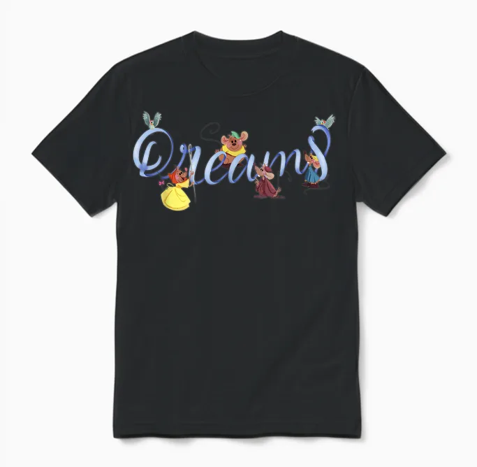 Disney Cinderella 75th Anniversary Jaq Gus & Mice "dreams" Unisex T-Shirt in Black