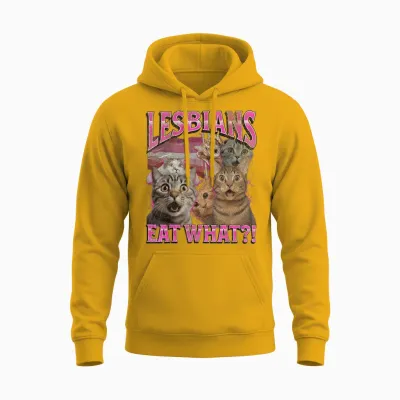 Lesbians What Do You Eat? Funny Cat Gay Pride Lgbtq Pun Bootleg T-Shirt, Black, S Unisex Hoodie - Gold