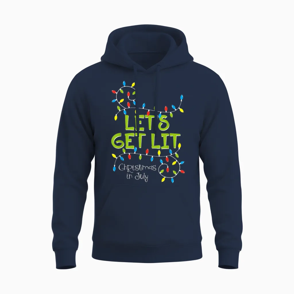Funny Let's Get Lit Christmas in July Shirt Summer Lights Unisex Hoodie in Navy