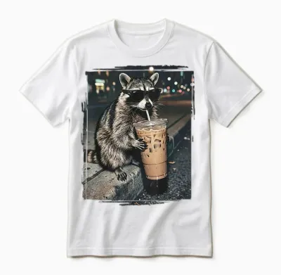Raccoon Drinking Iced Coffee Funny Animal Meme Men Women Unisex T-Shirt - White