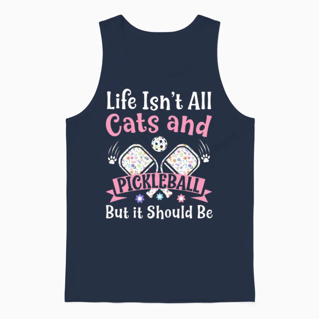 Womens Cats and Pickleball Funny Pickleball Player Unisex Tank Top in Navy