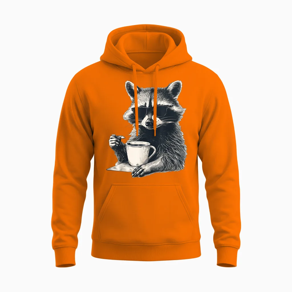 Cool Raccoon with Sunglasses with Cup Coffee Raccoon T-Shirt, White Unisex Hoodie in Safety Orange