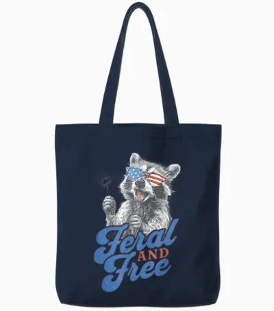 Feral & Free Funny Patriotic Racoon Feral and Free 4th July Tote Bags - Navy